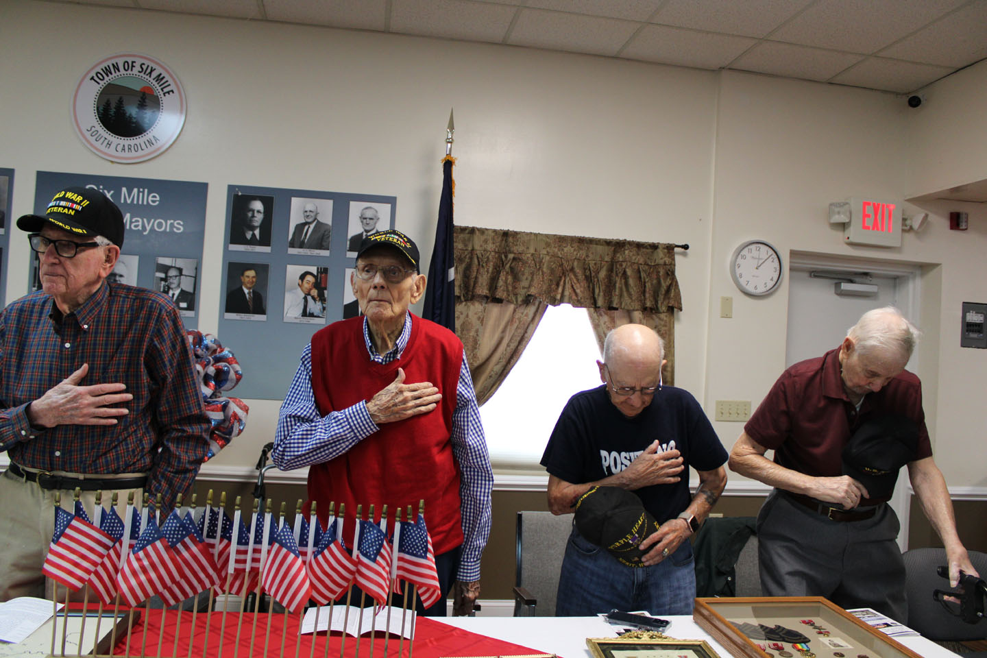 Raymond Dawkins, Edward Zeigler, Ralph Conte, and Fred Munk during the national anthem. (Photo by Karen Brewer, The Pickens County Chronicle)