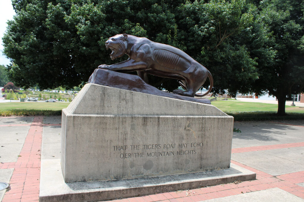 Tiger statue, outside Littlejohn Coliseum, Clemson University (Photo by Karen Brewer, The Pickens County Chronicle)