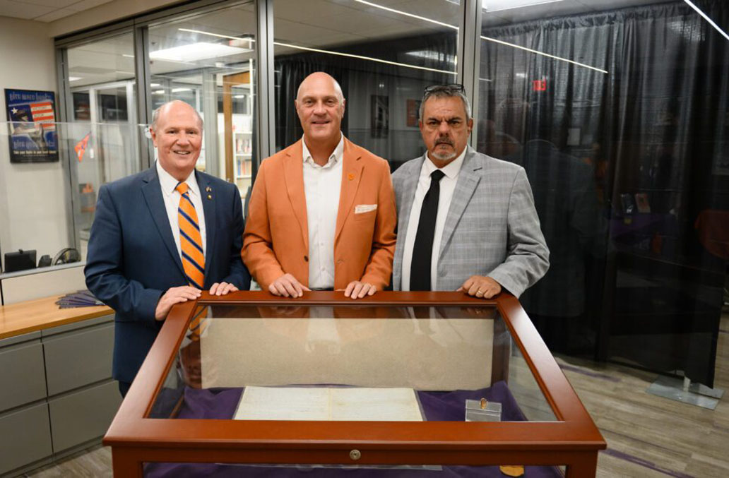 State Senator Thomas Alexander, Clemson University President Jim Clements, and Oconee County Probate Judge Danny Singleton (Photo from Clemson University)