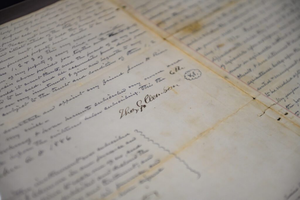 Thomas Green Clemson's last will and testament (Photo from Clemson University)