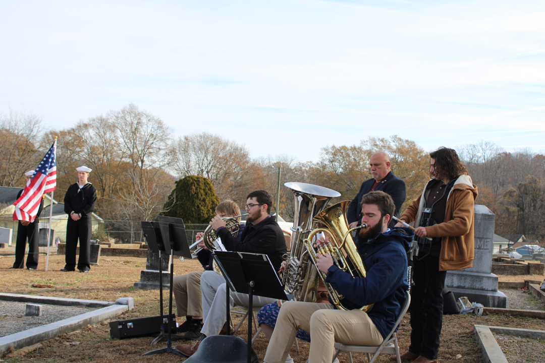 Pickens High School Ensemble, led by Steve Raines, USMC, plays the anthem for each branch of the military. (Photo by Karen Brewer, The Pickens County Chronicle)