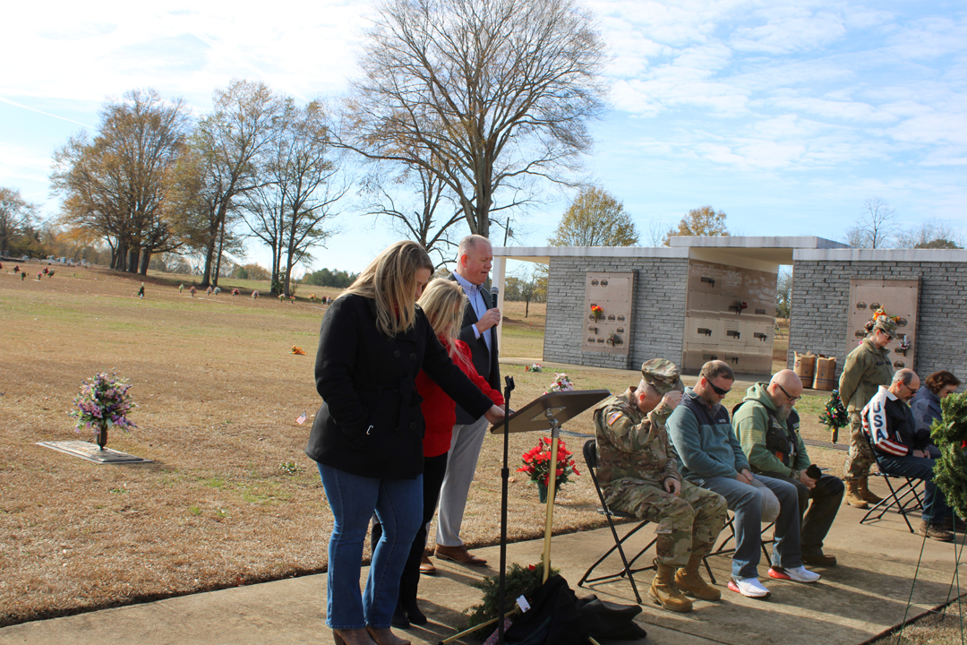 Rev. Jamey McMahan, Pastor of Eastside Baptist Church in Liberty, opens with prayer. (Photo by Karen Brewer, The Pickens County Chronicle)