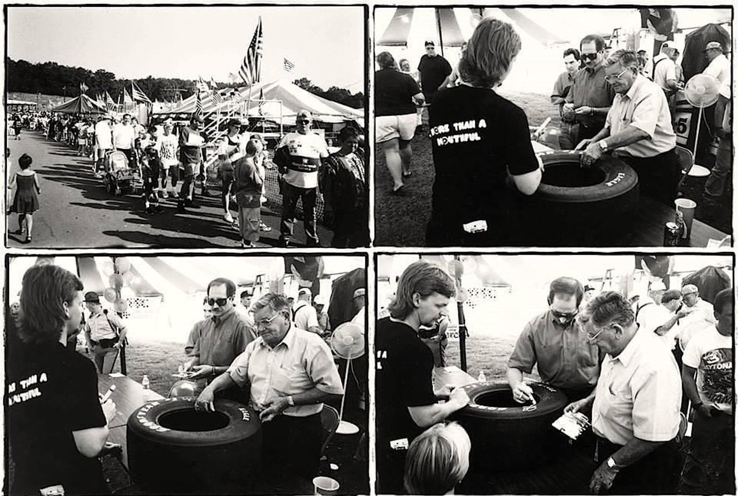 Tom Blackwell and Dale Earnhardt, Sr. at one of Earnhardt's many hugely sucessful autograph signings  at the Upper South Carolna State Fair, circa late 1980's. Earnhardt signs a race car tire.