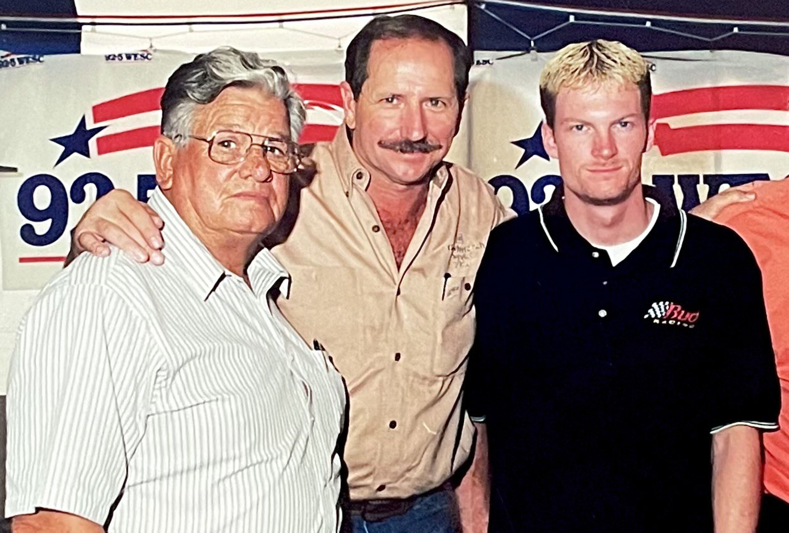 Tom Blackwell with Dale Earnhardt, Sr. and Dale Earnhardt, Jr. during one of their many autograph signings at the fair/track circa 1999-2000