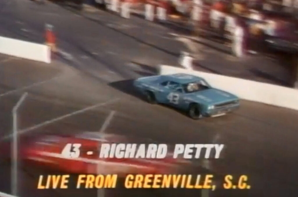 Richard Petty exiting the Greenville-Pickens pits, screenshot from the first live TV race, April 10, 1971