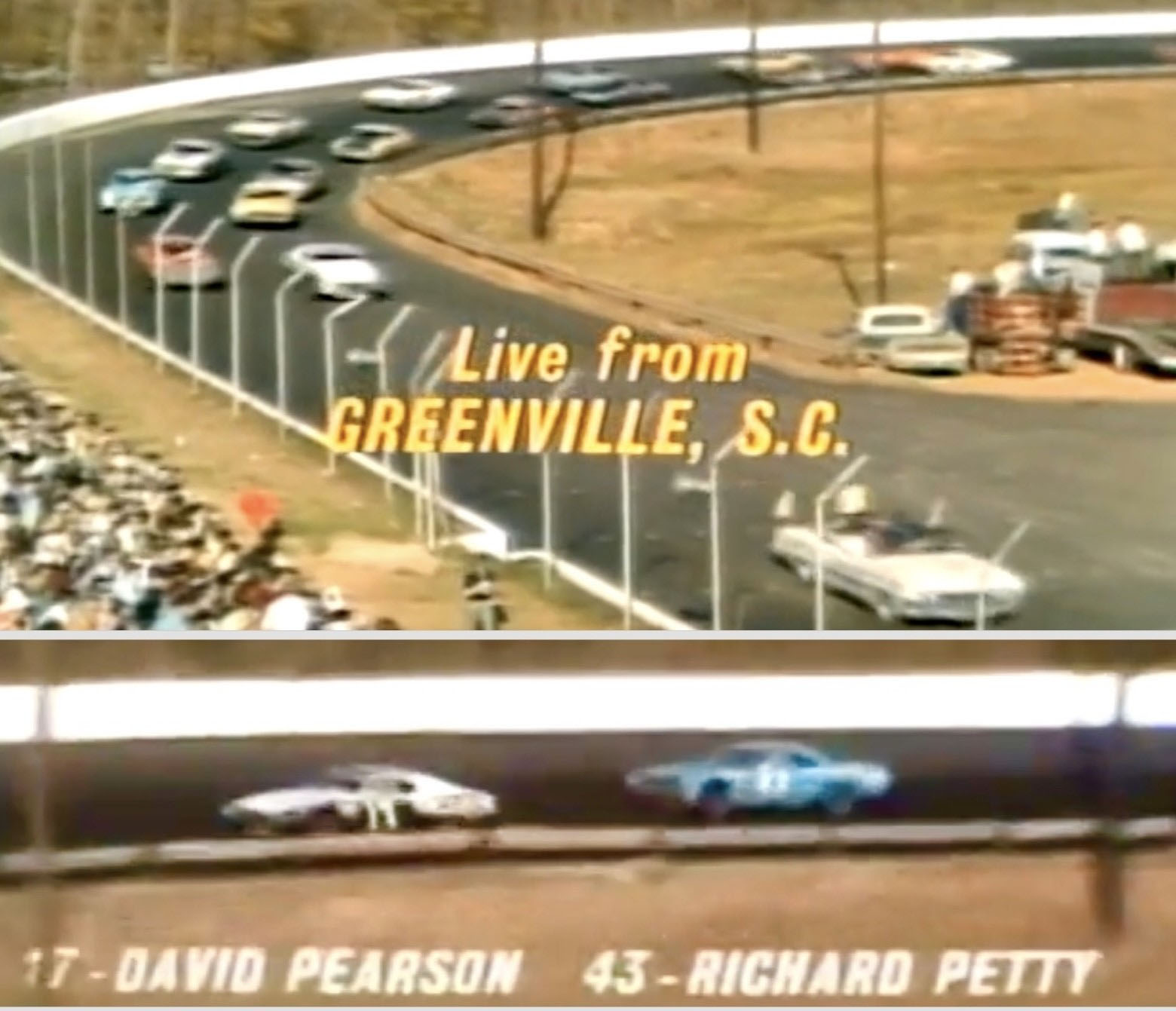 Screenshot from the April 10, 1971 live TV race from Greenville-Pickens Speedway (Photo courtesy of Mark Blackwell to The Pickens County Chronicle)