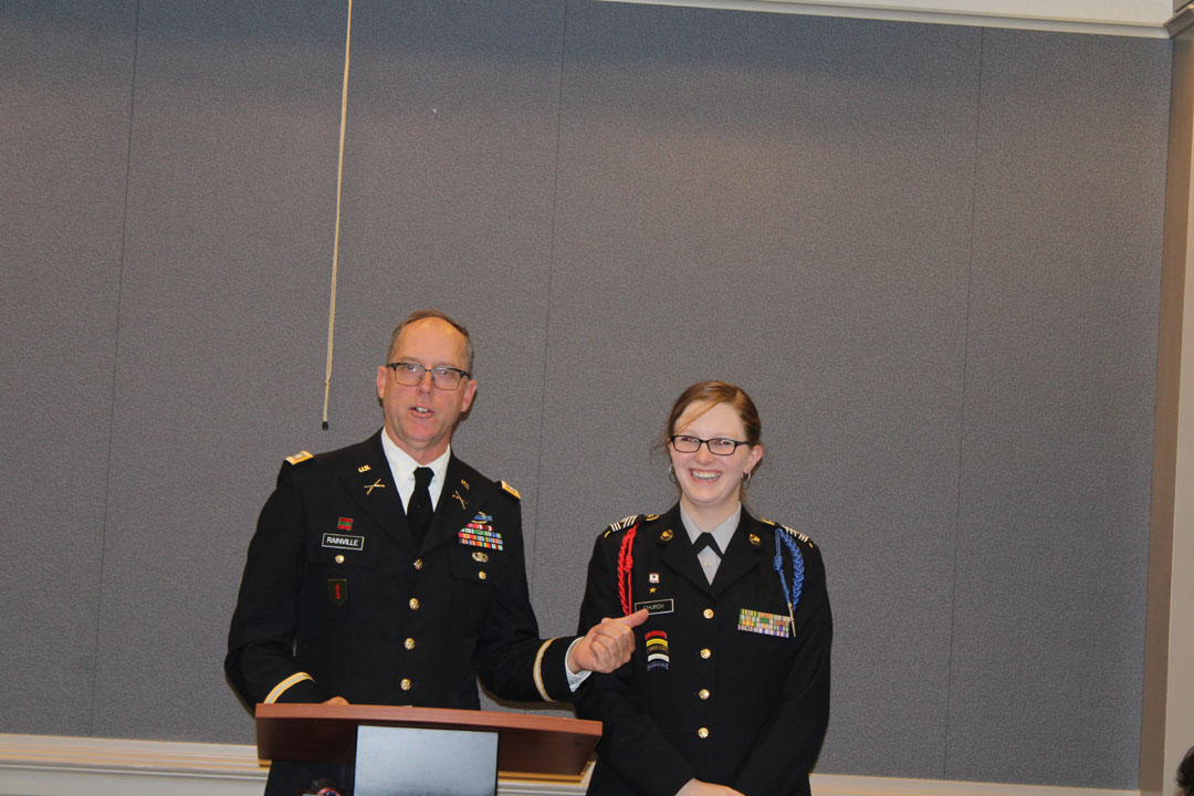Student Skylar Church (right) with her JROTC instructor, Lieutenant Colonel John Rainville (Photo by Karen Brewer, The Pickens County Chronicle)
