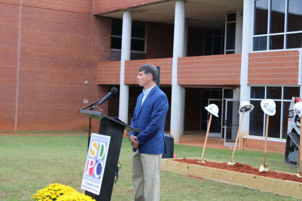Shannon Haskett, a member of the Pickens County School Board, from Pickens, delivers the closing remarks. (Photo by Karen Brewer, The Pickens County Chronicle)