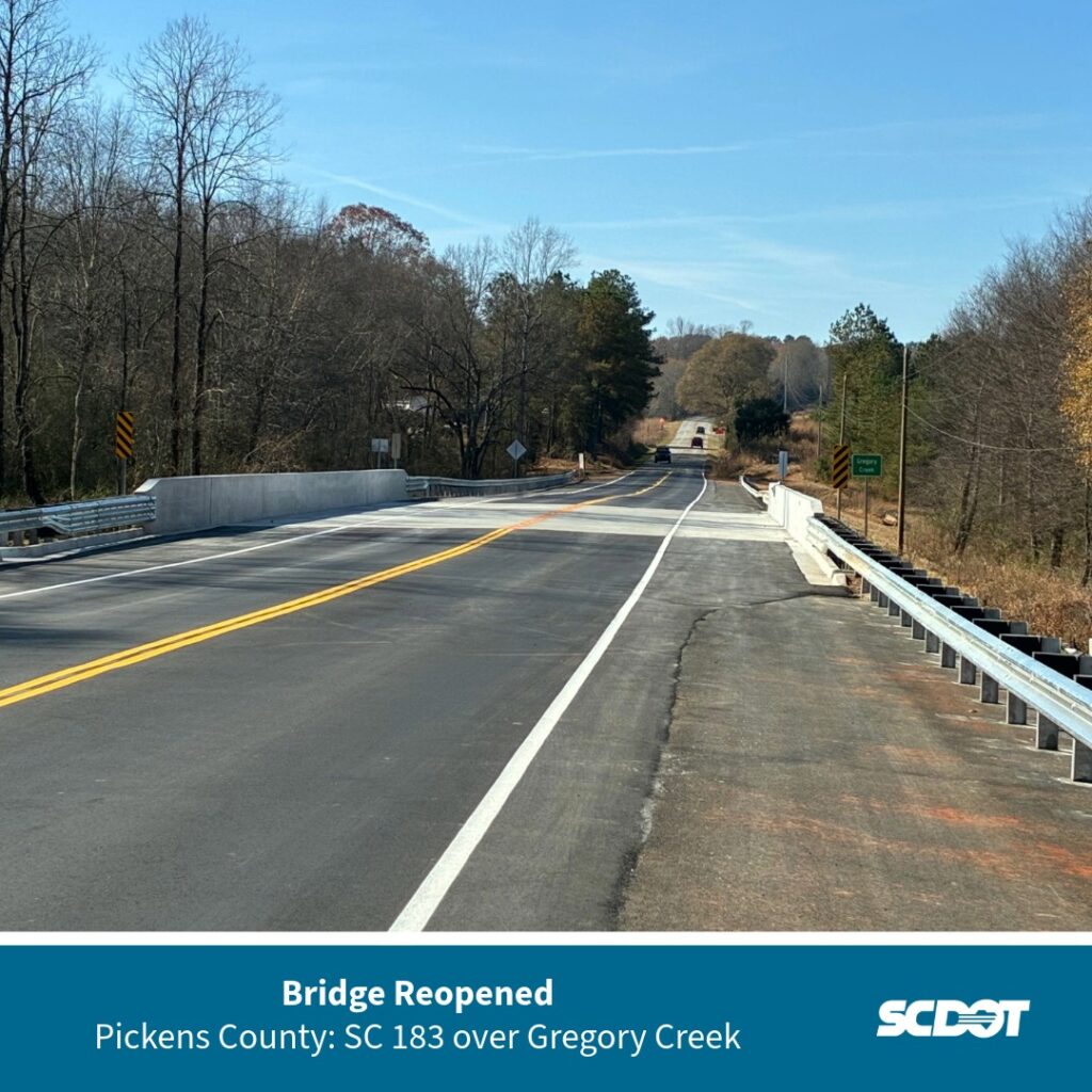 SCDOT-bridge reopens SC 183 over Gregory Creek (November 19, 2025)