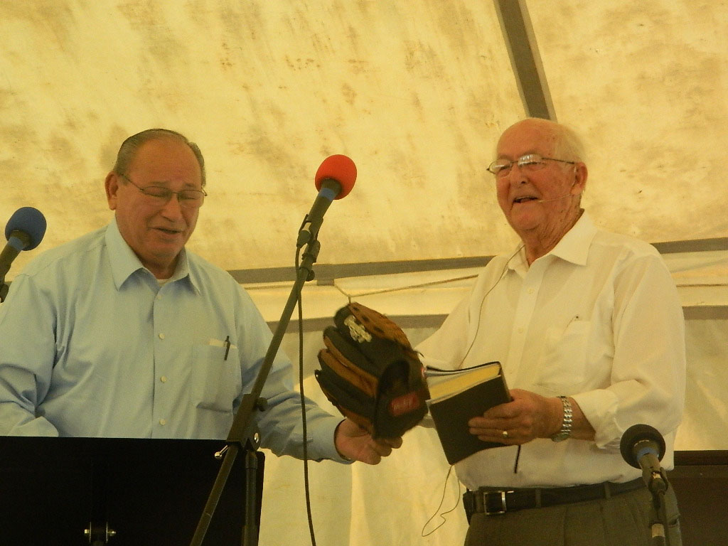 Jack at the Conestee Tent Crusade with the man who owned the land and who presented him with a ball and glove (Photo by Karen Brewer)