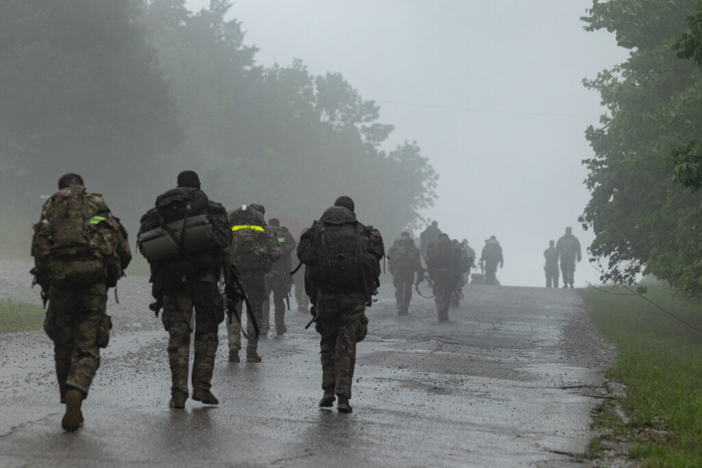 Cadets from 4th Regiment, Advanced Camp, ruck towards Steeles Range during the Battle March and Shoot exercise on Saturday, June 27, 2026. The BMS is designed to train Cadets on how to shoot accurately while under exhaustion. | Marc Balbarin, Columbia College Chicago, CST Public Affairs Office