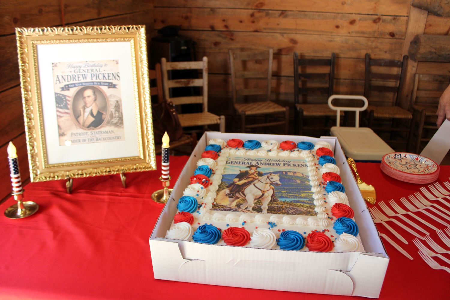 The birthday cake bears the portrait of General Andrew Pickens on horseback. (Photo by Karen Brewer, The Pickens County Chronicle)